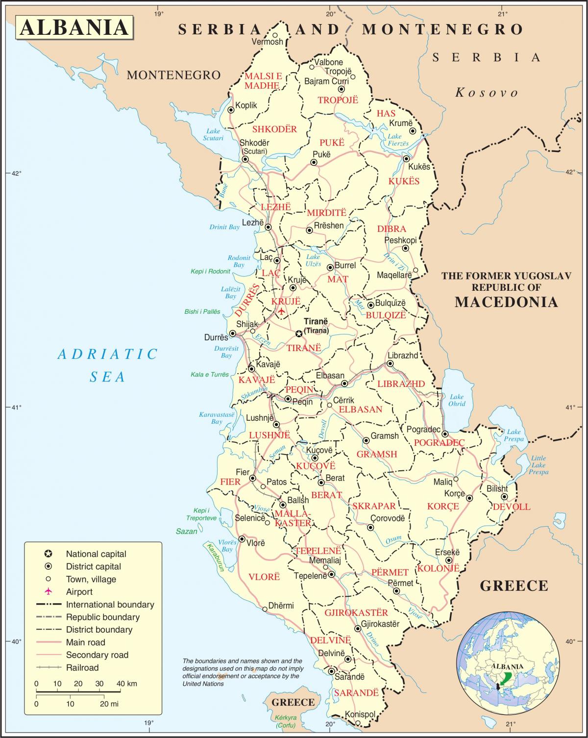 mapa de Albania con cidades